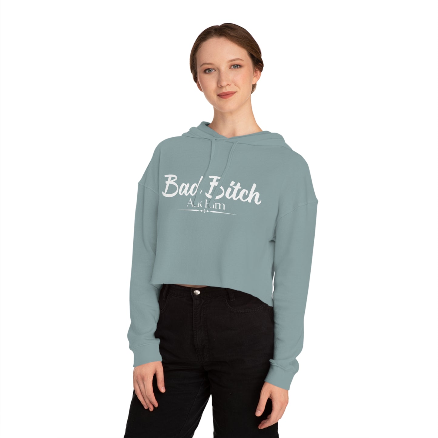 Cropped Hoodie — "Bad Bitch" Script Graphic Women's Crop Hooded Sweatshirt
