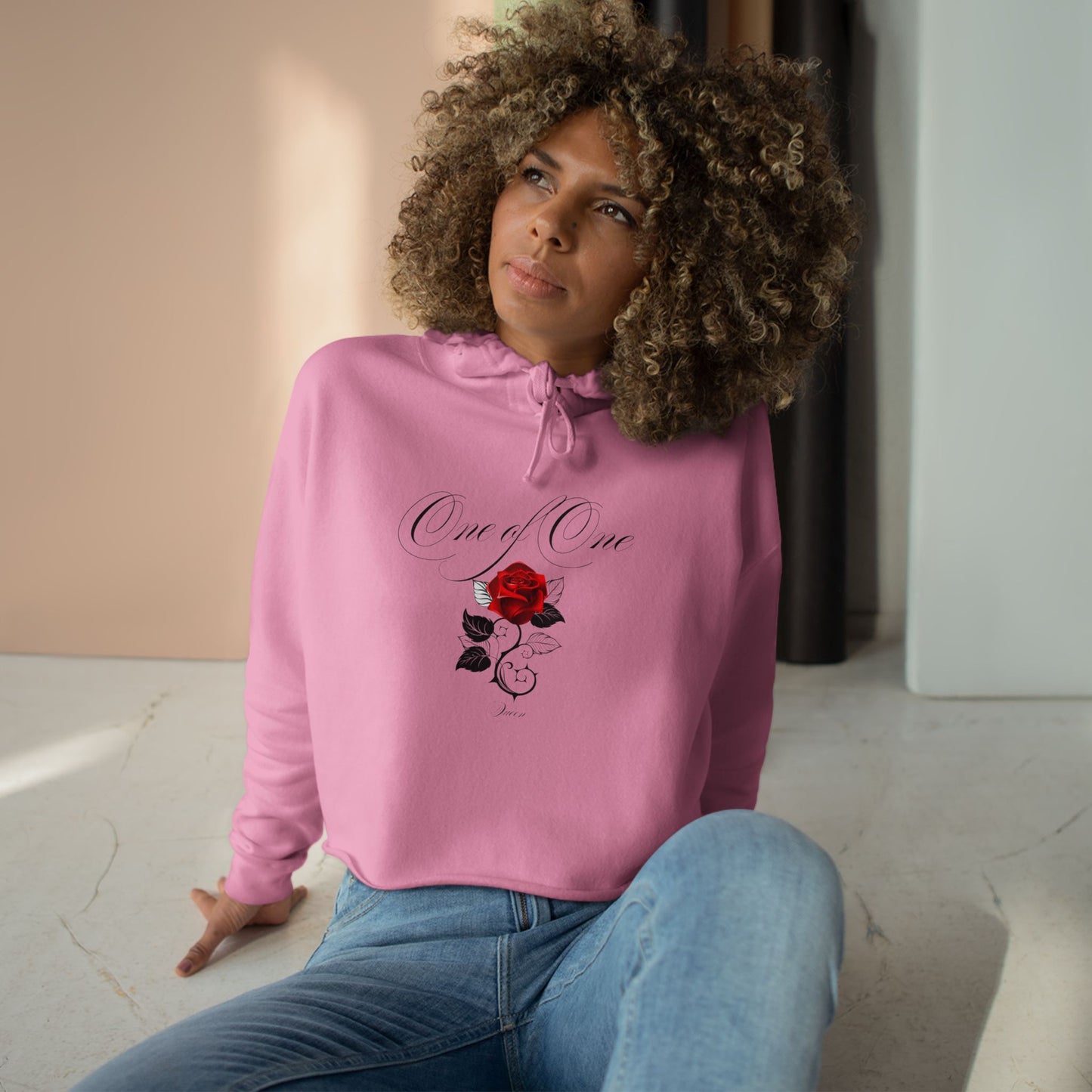Rose Crop Hoodie — 'Love You' Script Floral Cropped Sweatshirt