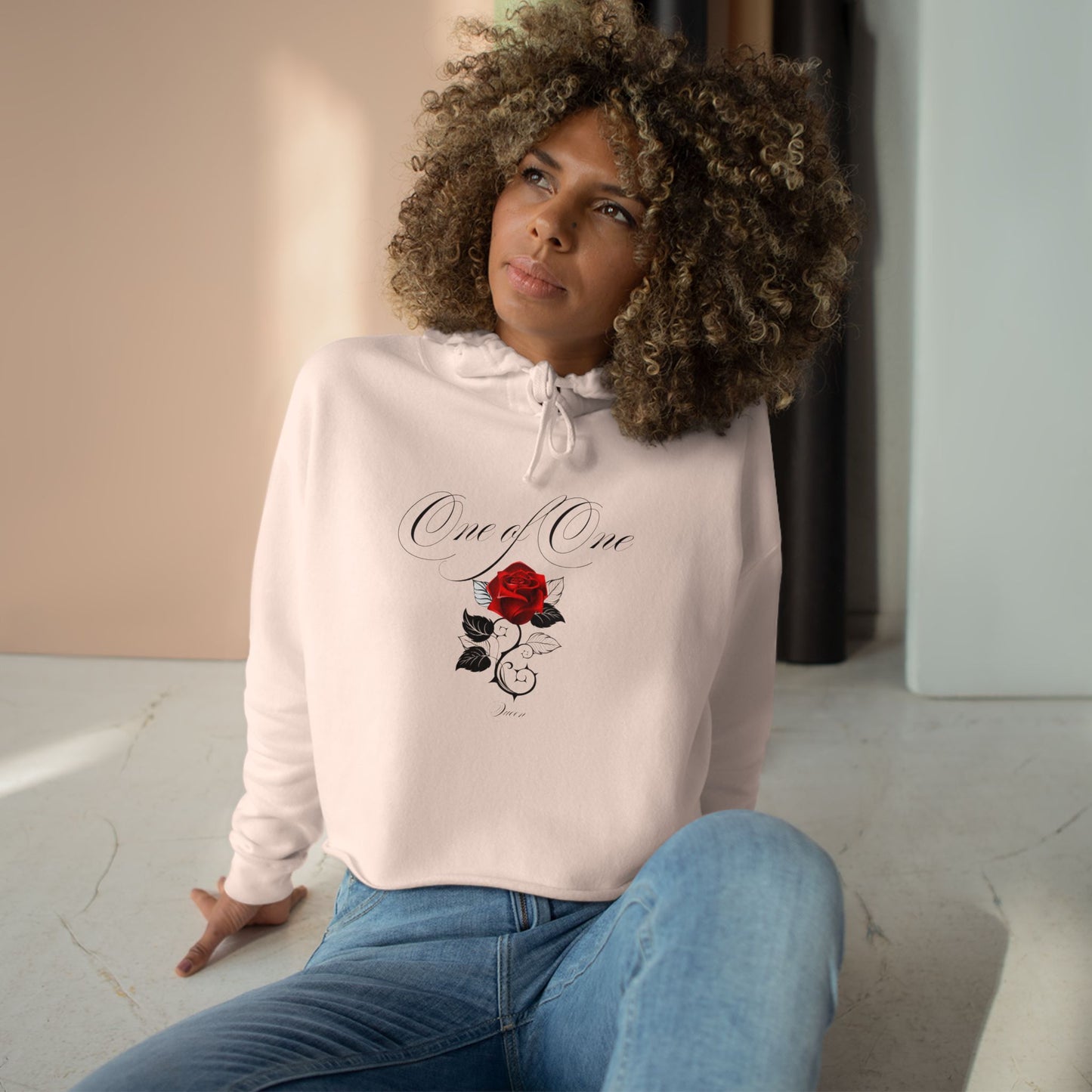Rose Crop Hoodie — 'Love You' Script Floral Cropped Sweatshirt