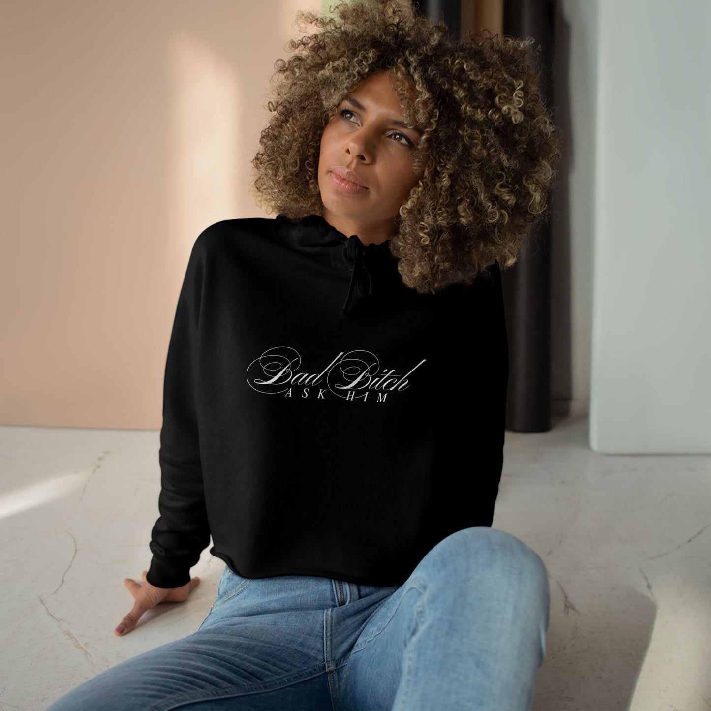 Bad Bitch AK I.M. script logo Crop Hoodie | Black cropped sweatshirt