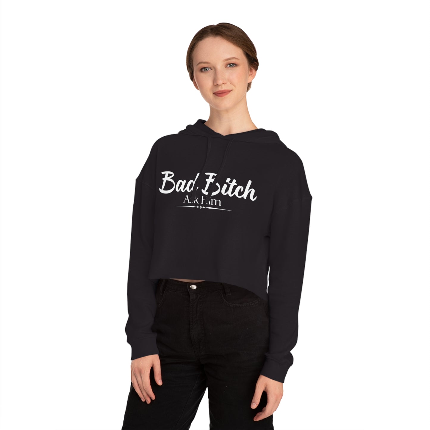Cropped Hoodie — "Bad Bitch" Script Graphic Women's Crop Hooded Sweatshirt