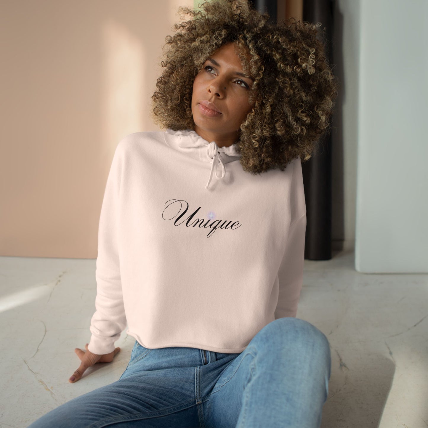 'Unique' White Cropped Hoodie — Minimal Script Crop Sweatshirt