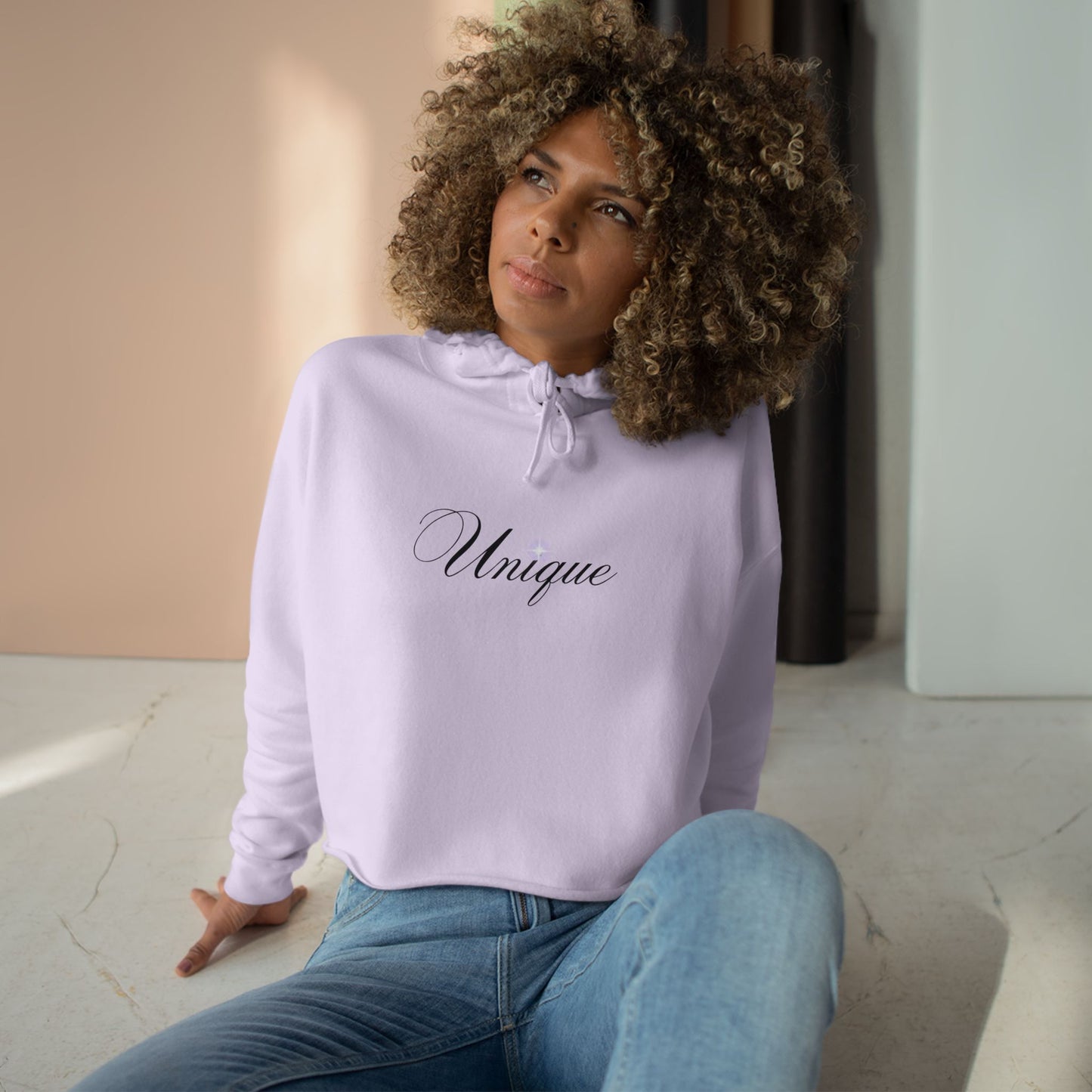 'Unique' White Cropped Hoodie — Minimal Script Crop Sweatshirt