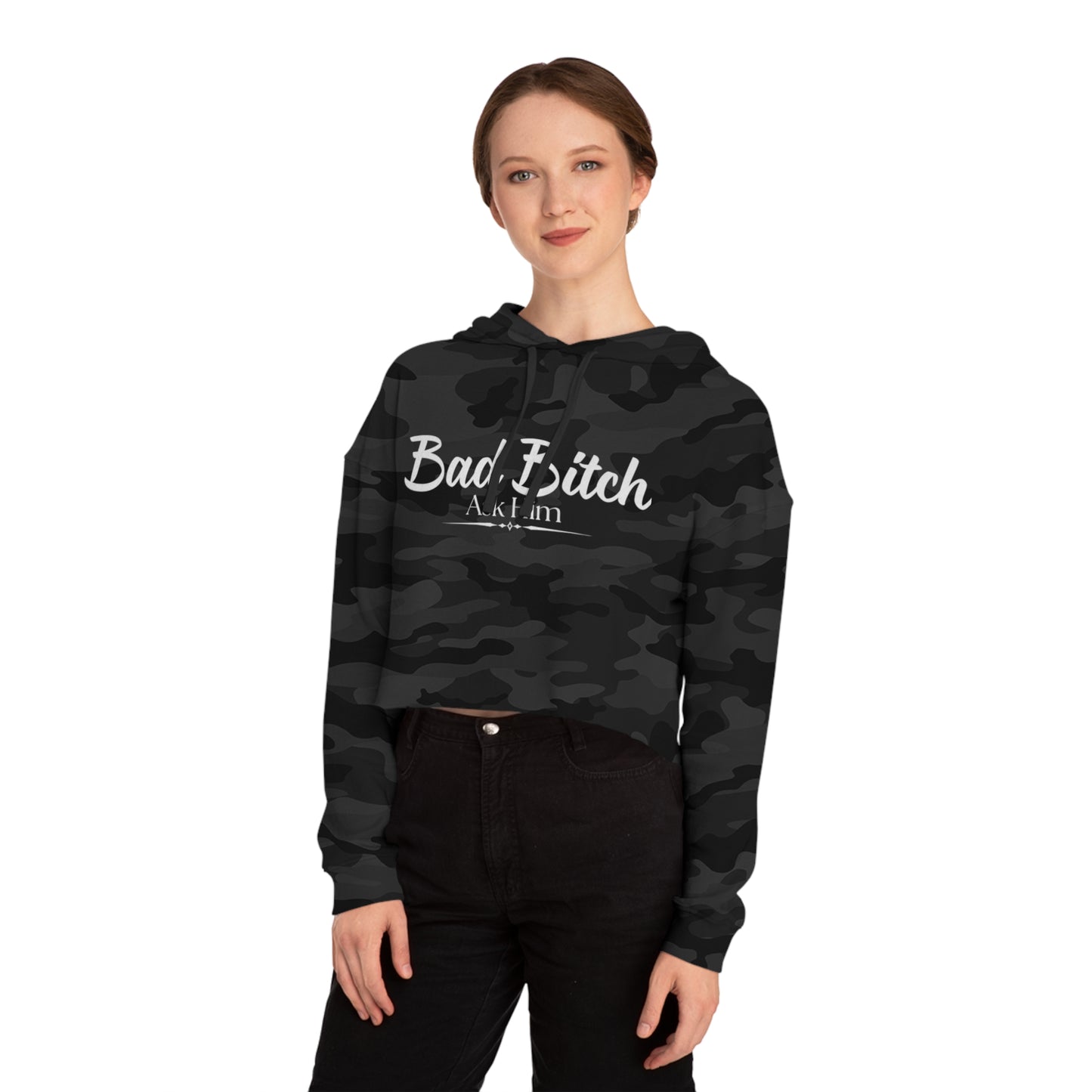 Cropped Hoodie — "Bad Bitch" Script Graphic Women's Crop Hooded Sweatshirt